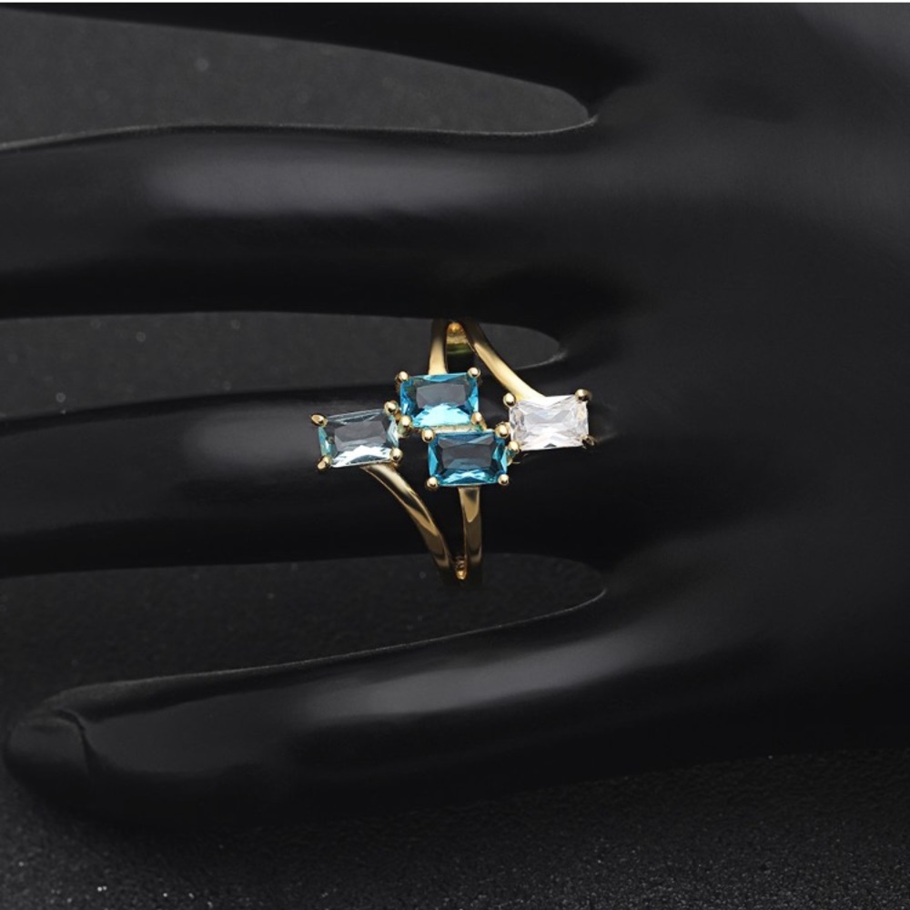 Emerald Cut Aqua CZ Gemstone Ring 18k Gold/925 SS - Picture 4 of 4